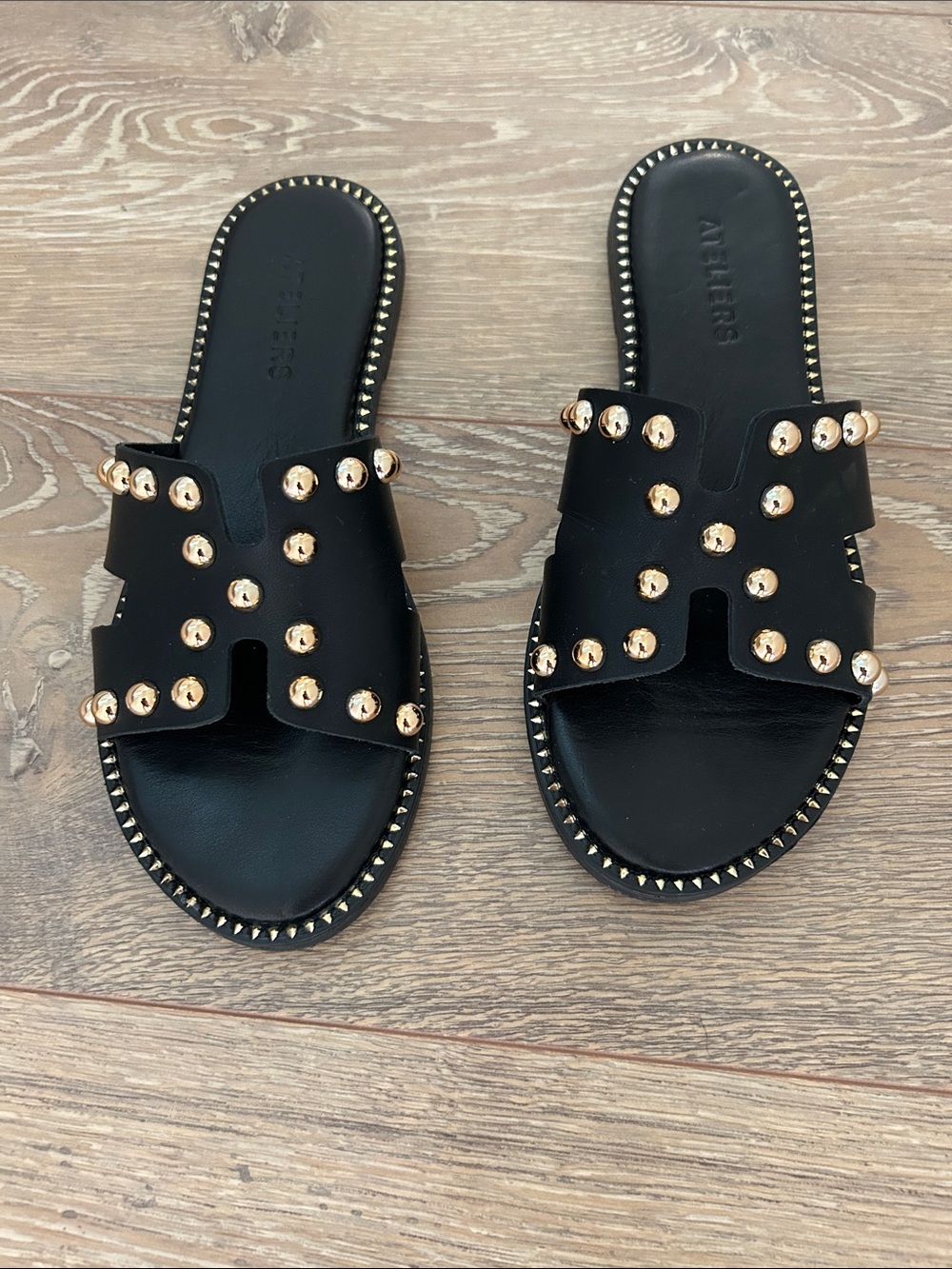 Black Slide Sandals with Gold Stud Accents